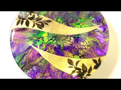 (115) Fluid Art Embellished bloom with Gold leaf/Mardi Gras colors/フルイドアート アクリルポーリング