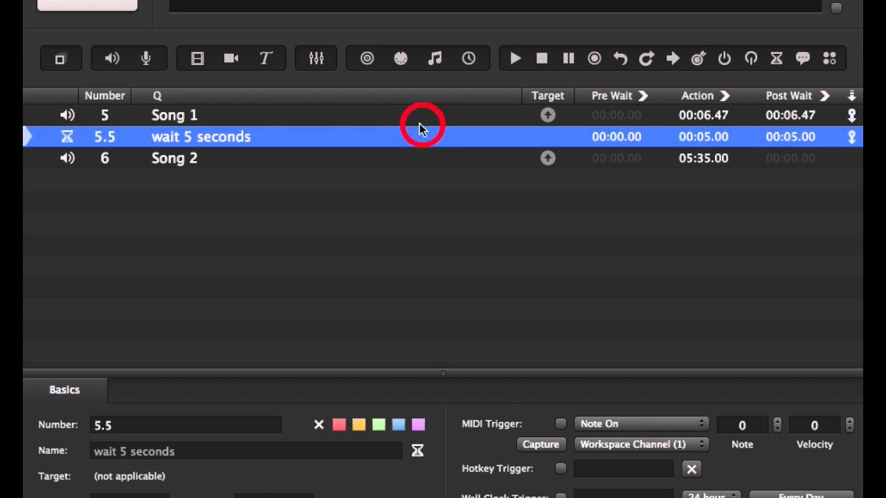 17  Qlab3   Inserting a Wait Cue
