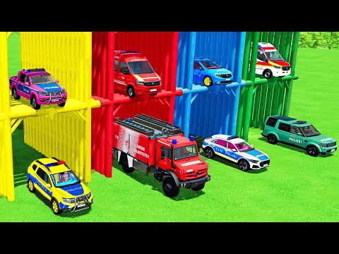 CARS OF COLORS ! POLICE CARS , AMBULANCE , FIRE DEPARTMENT , MINIBUS TRANSPORT WITH TRUCKS ! FS22