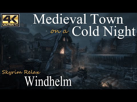 Medieval Town on a Cold Night • Skyrim Scenery (ASMR) • Windhelm • Sleep Relax & Ambient Sounds