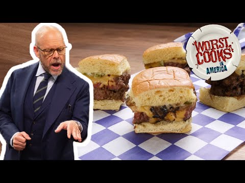 Alton Brown Makes Mini Man Burgers with Grilled Onions