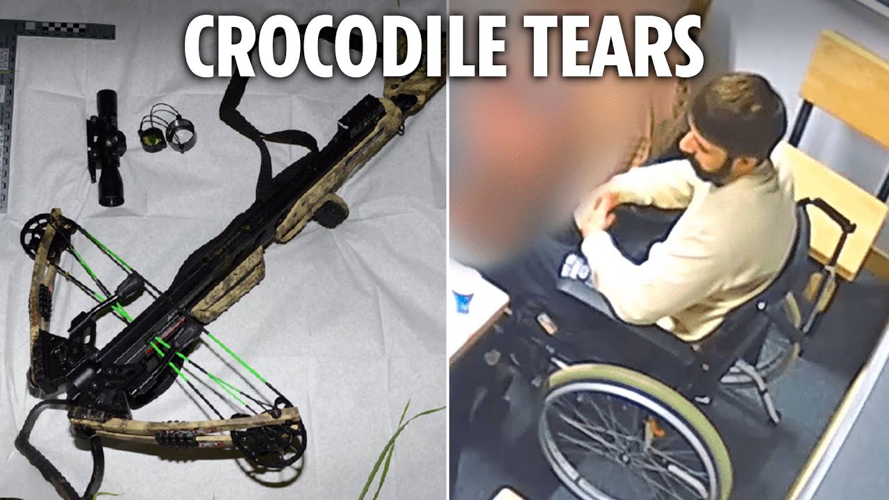 Moment cowardly crossbow killer sobs in wheelchair & refuses to answer cops’ questions over murders