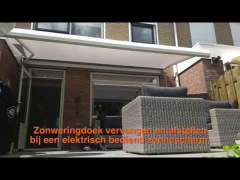 Zonneschermdoek vervangen en afstellen bij een elektrisch bediend zonnescherm