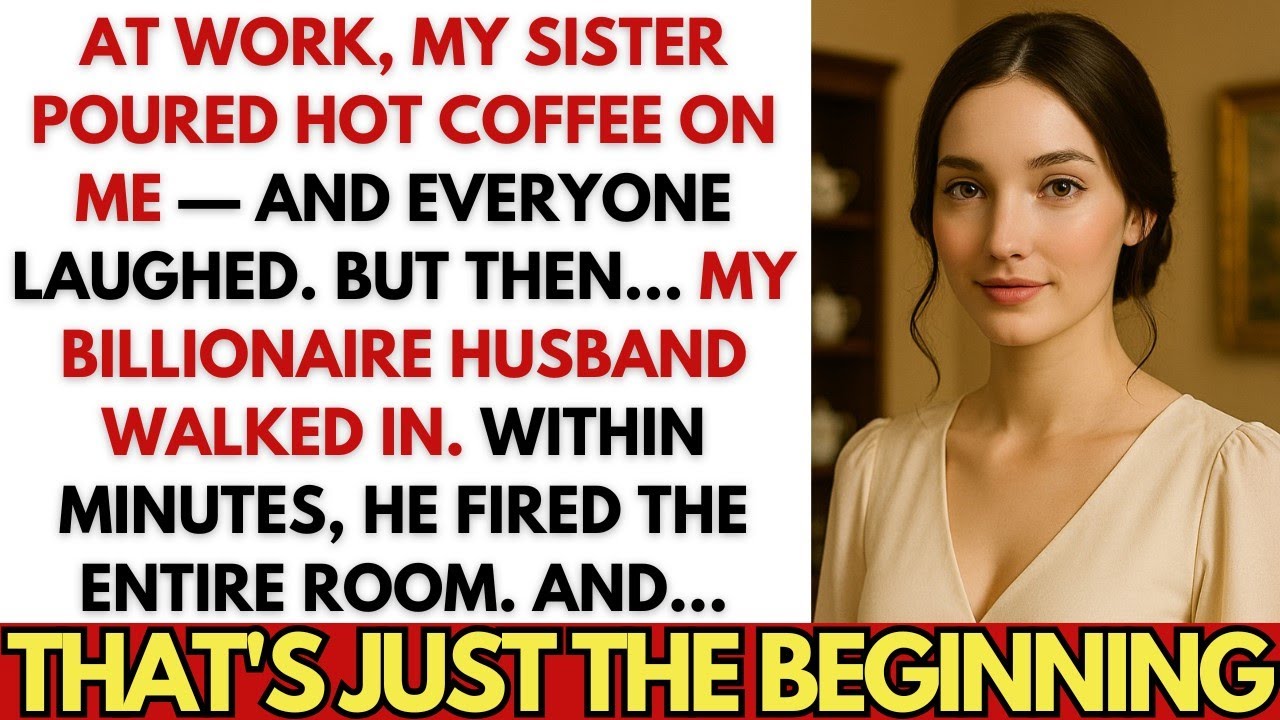 My Sister Poured Coffee On Me At Work – Then My BILLIONAIRE Husband Walked In And FIRED Everyone.