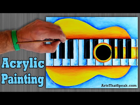 How To Paint A Piano Guitar Abstract Acrylic Painting. Fun, Easy Way. Time-Lapse Video.