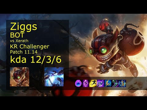 Ziggs Bot vs Xerath - KR Challenger 12/3/6 Patch 11.14 Gameplay // [롤] 직스 vs 제라스