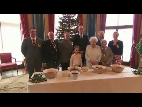Her Majesty and Their Royal Highnesses take part in the pudding stir.