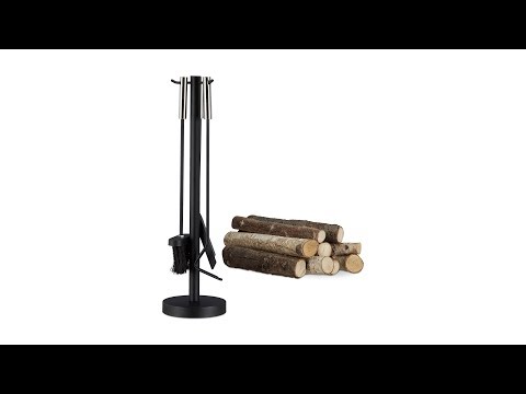 Kaminbesteck modern 4-teilig mit Ständer Schwarz - Silber - Stahl - 15 x 57 x 15 cm