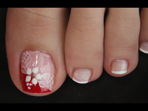DISEÑO DE UÑAS PARA PIES FLOR Y FRANCES – DISEÑO EN BLANCO Y ROJO FACIL DE HACER – NLC