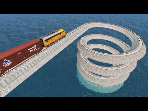 Impossible Weird Spiral Rail Tracks Vs Trains Crossing Giant Pit - BeamNG.Drive