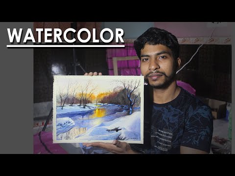 How to Paint Snowy Winter Lake in Watercolor l step by step