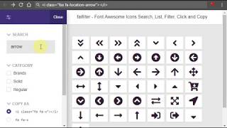Font Awesome Icons search list filter click and copy