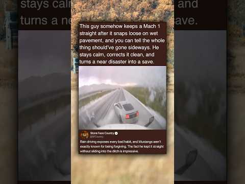 This guy somehow keeps a Mach 1 straight after it snaps loose on wet pavement, and you can tell the