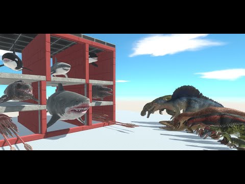 Big Battle - Megalodon Team VS T-Rex Team | Animal Revolt Battle Simulator