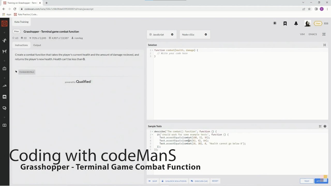 Codewars 8 kyu Grasshopper - Terminal Game Combat Function JavaScript