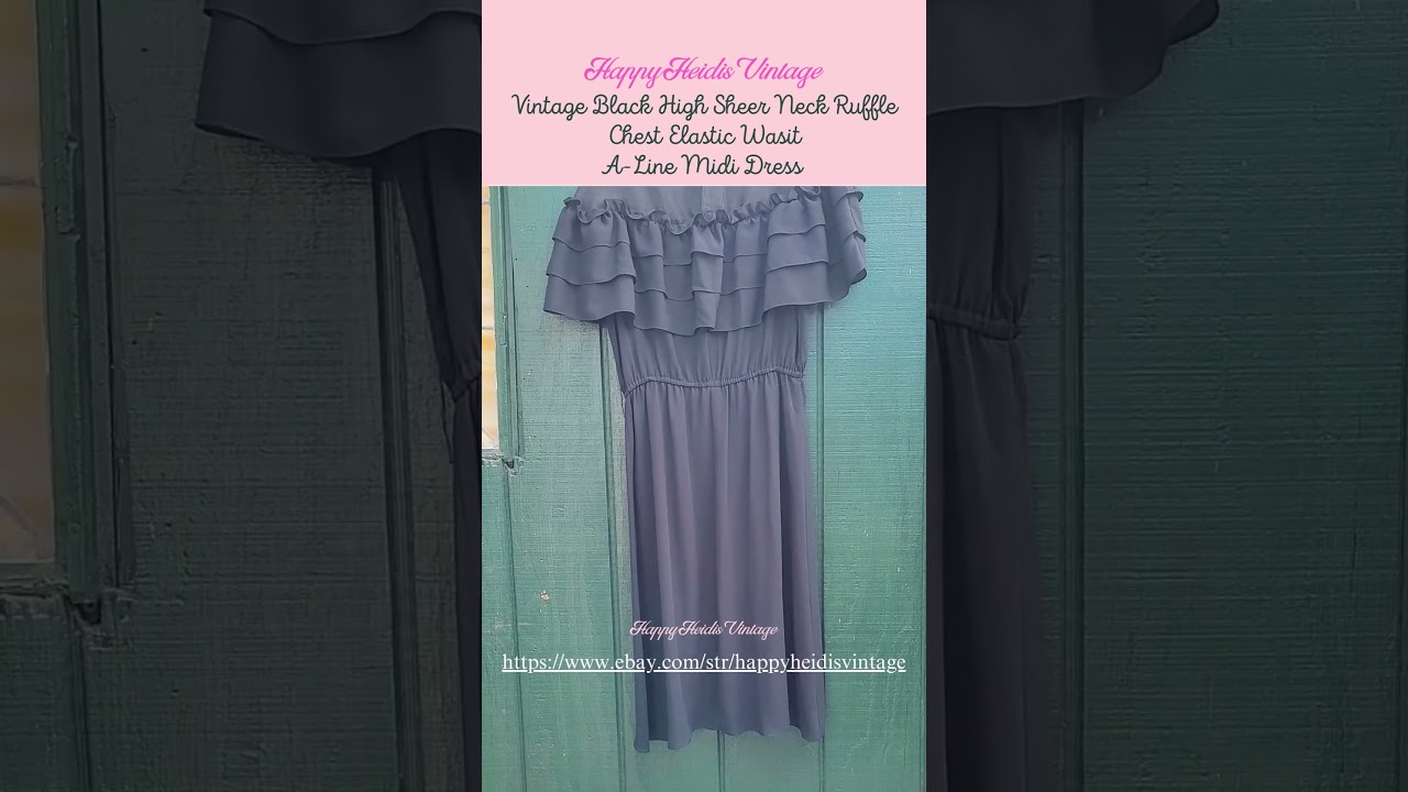 Vintage Black High Sheer Neck Tiered Ruffle Chest Elastic Wasit A Line Midi Dress #vintagestyling