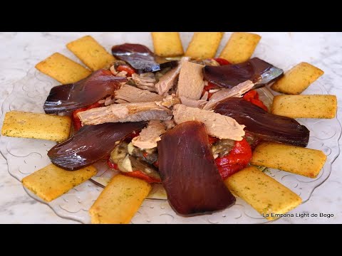 Escalivada Exprés de Berenjena, Pimiento, Atún y Mojama. Receta Fácil, Rápida y Ligera.