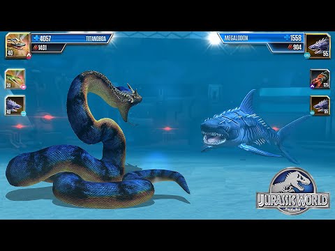 TITANOBOA SNAKE VS MEGALODON SHARK FIGHT - JURASSIC WORLD THE GAME