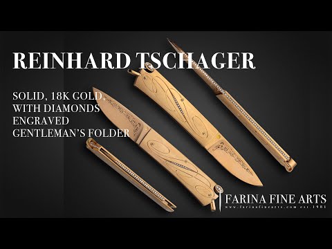 18K Solid Yellow Gold Folder by Reinhard Tschager, Engr. by Valerio Peli, Diamonds & Diamond Spine