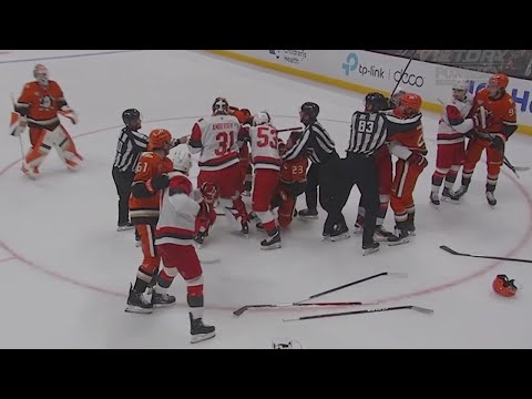 End of 2nd Period Scrum, Canes @ Ducks