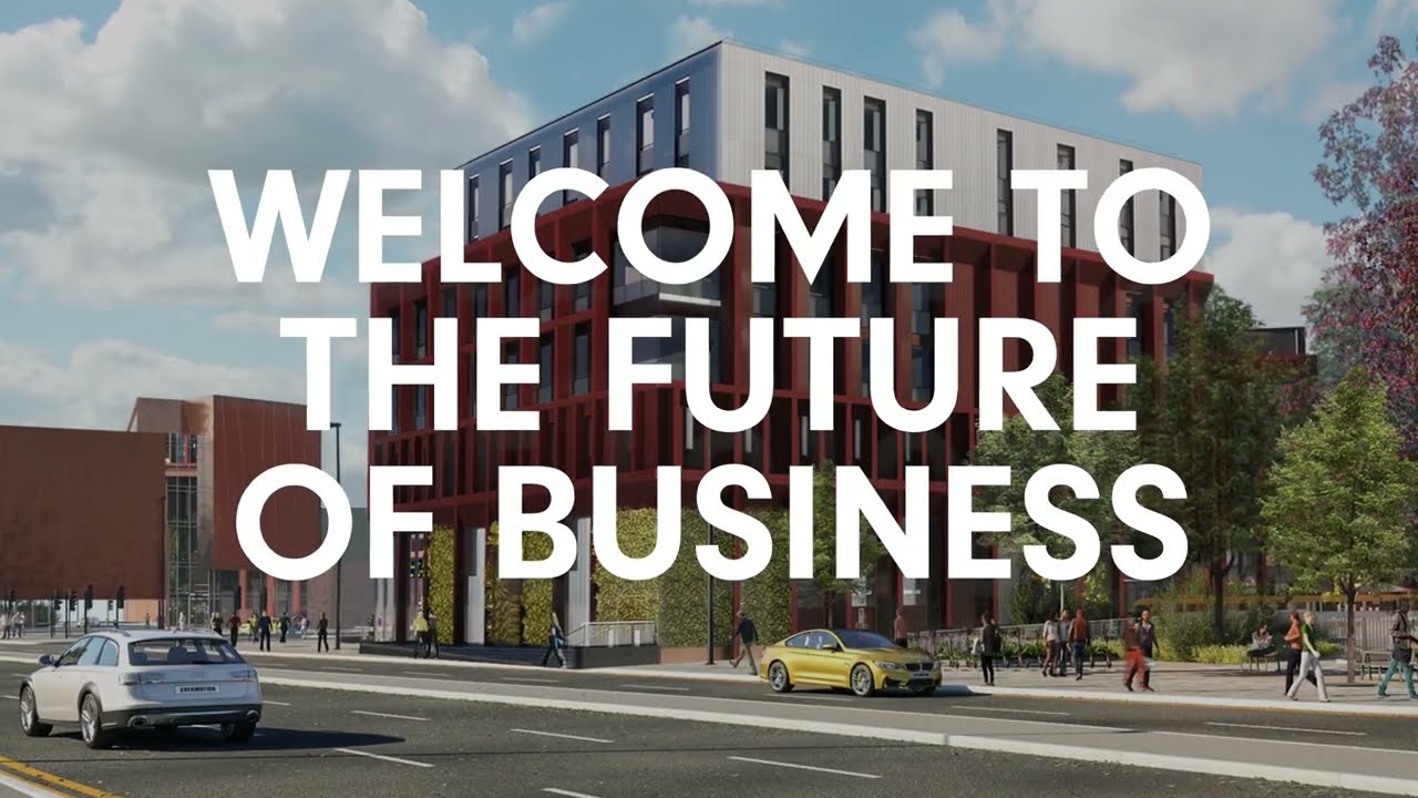 Artist impression of the new Business School with 'welcome to the future of Business'
