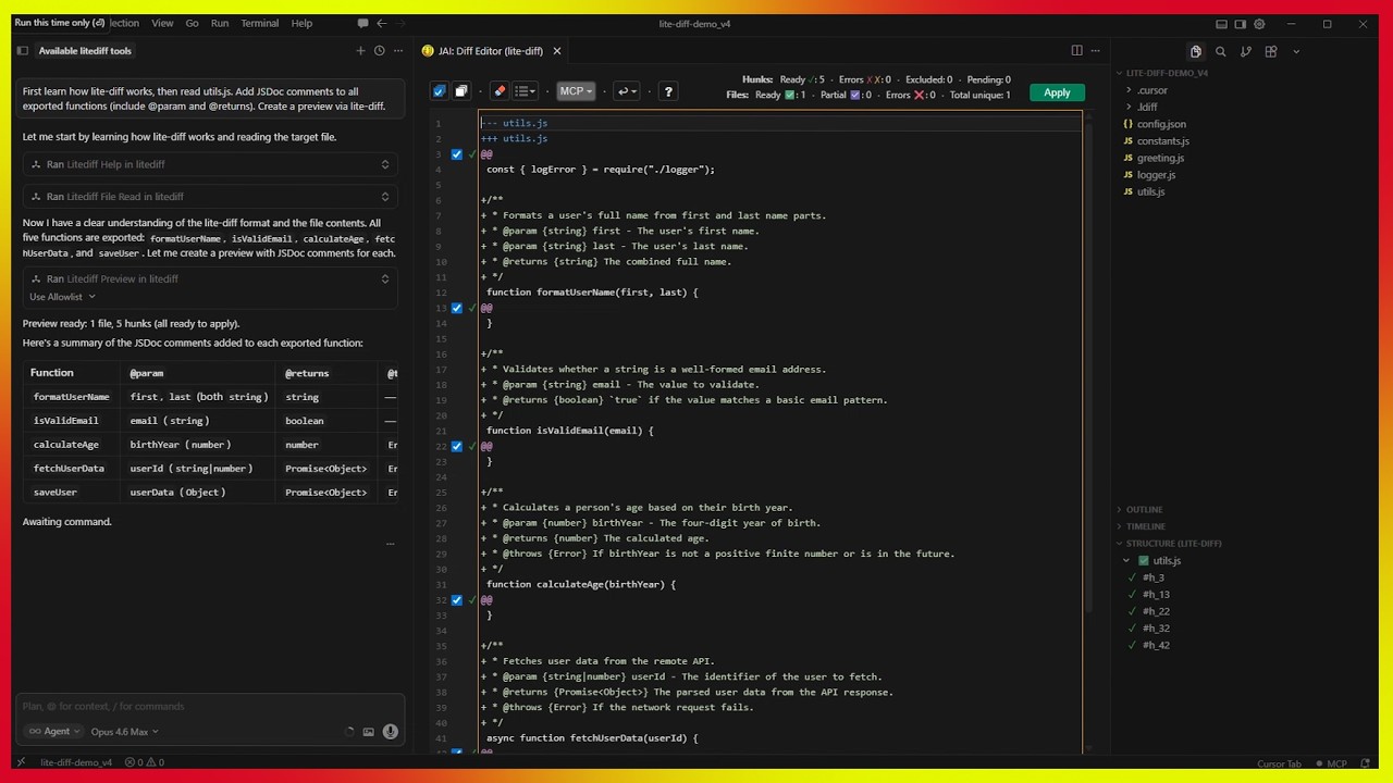 Cursor IDE — AI Code Patching via MCP (lite-diff)