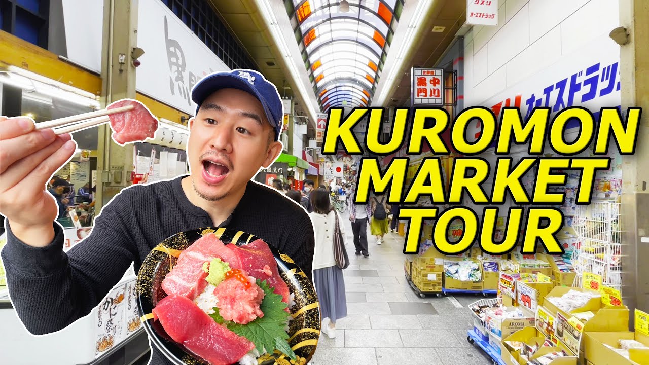 Traveler indulges in the vibrant street food scene at Kuromon Market.