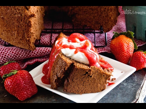 Chocolate Angel Food Cake with Strawberry Sauce