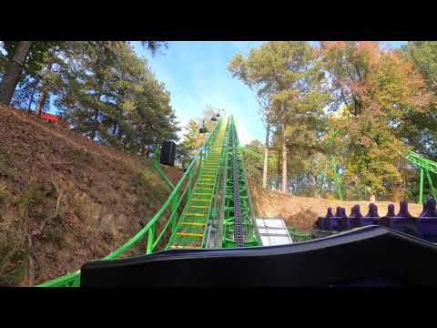 On-ride point of view of Riddler Mindbender