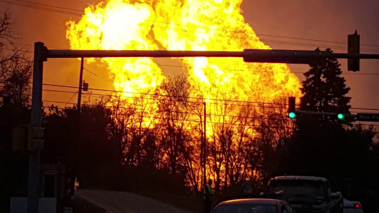 Flames erupt during a natural gas pipeline explosion in Greensburg, Pa. in 2016. The explosion, which burned one person, caused flames to shoot above nearby treetops in the largely rural Salem Township, about 30 miles east of Pittsburgh, and prompted authorities to evacuate businesses nearby. 