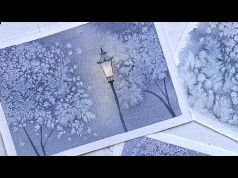Easy watercolor winter night painting tutorial for beginners