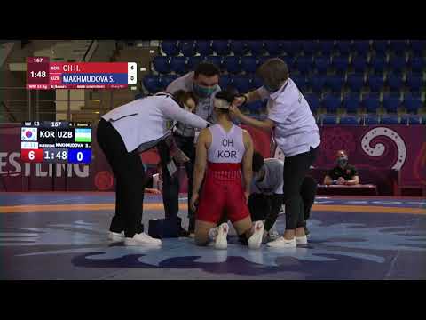 Round 1 WW - 53 kg: H. OH (KOR) v. S. MAKHMUDOVA (UZB)