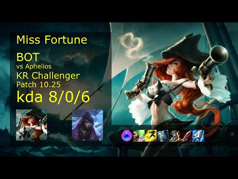 Miss Fortune ADC vs Aphelios - KR Challenger 8/0/6 Patch 10.25 Gameplay // [롤] 미스 포츈 vs 아펠리오스