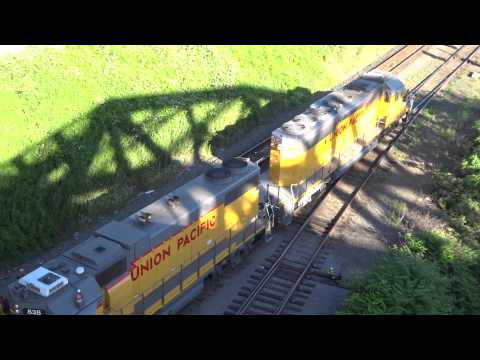 Union Pacific GP38-2 #838 & SD40N 1971 switch cars underneath Portland's Broadway Bridge 6/7/15