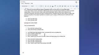 Inserting a bullet list and a paragraph of text in the middle of a number list in Google Docs