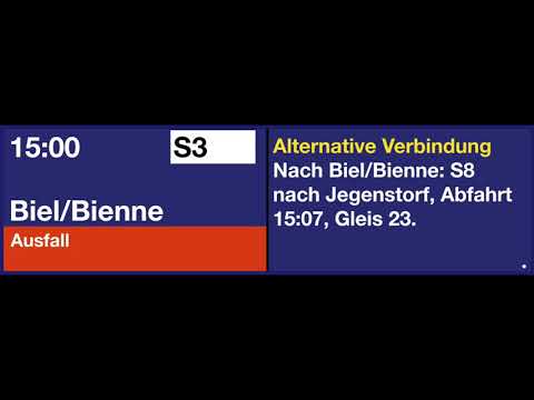 SBB TTS Ausfallmeldung zur S3 nach Biel/Bienne (Bauarbeiten, bitte S8 ab Gleis 23)