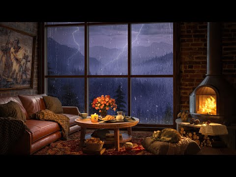 Thunderstorm with Lightnings, Rain & Fireplace Sounds in Cozy Cabin ⚡ Gentle Jazz for Relax & Sleep
