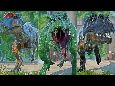 CARNOSAUR TREX VS YANGCHUANOSAURUS VS ACROCANTHOSAURUS Dinosaurs Fighting - Jurassic World Evolution