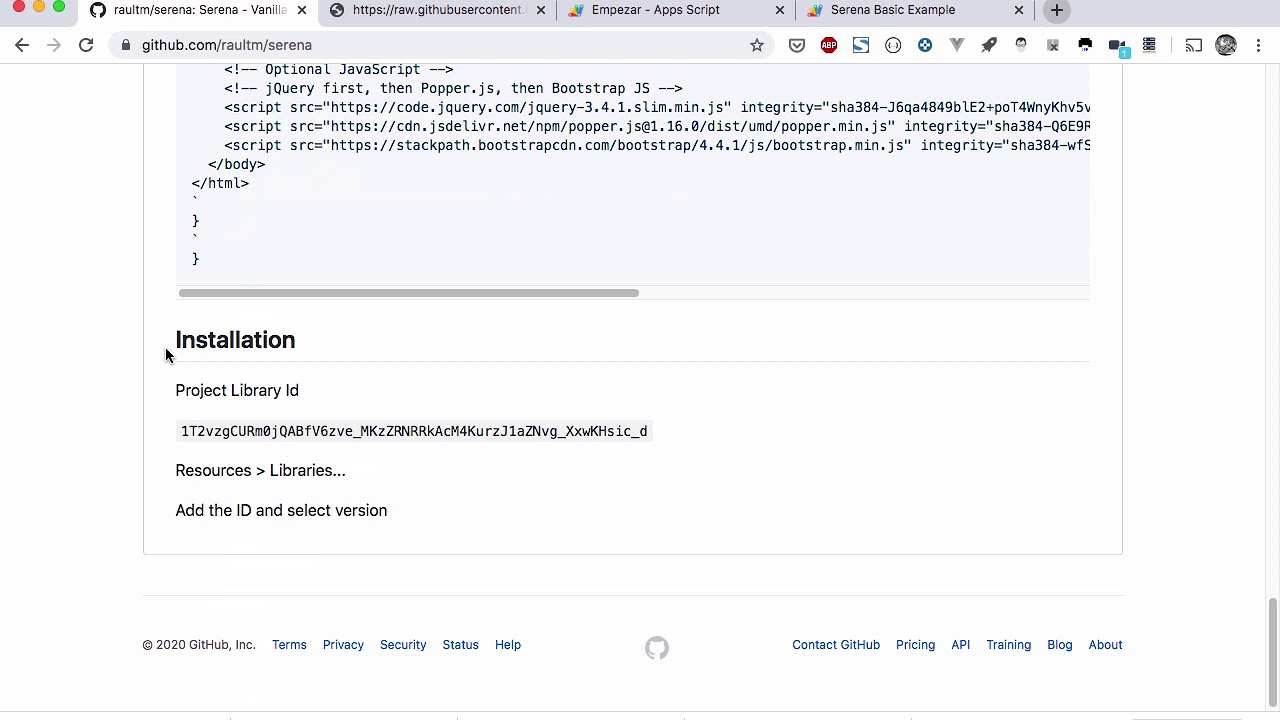 Google Apps Script - Serena Library - Setup and deploy basic example in less than 3 minutes