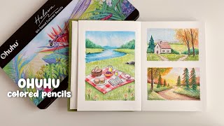 trying ohuhu 72 oil based colored pencils ✏️🌳 drawing landscapes ☀️ unboxing, swatching 