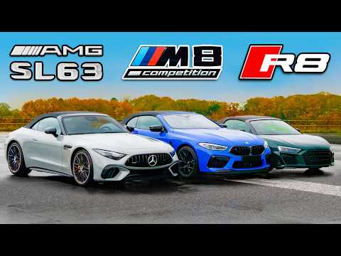 Thumbnail for New AMG SL 63 v BMW M8 v Audi R8: DRAG RACE by Mercedes-AMG, Audi, rall, BMW, rally, Car