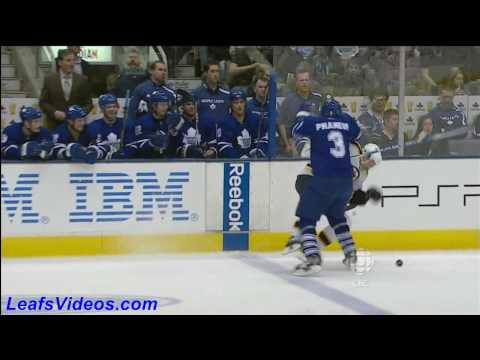 BOS 0 @ TOR 1 - Dion Phaneuf Hit Miroslav Satan - 100403