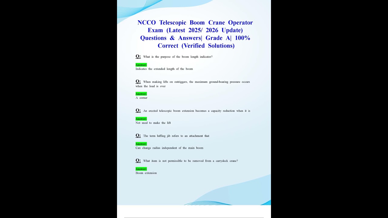 NCCCO TELESCOPIC BOOM CRANE OPERATOR EXAM LATEST 2025 2026 UPDATE QUESTIONS EN ANSWERS GRADE A 100 C