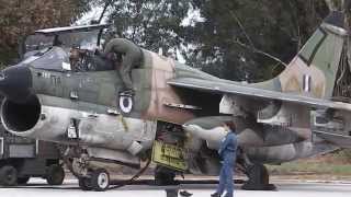 preview picture of video '3 x TA-7C, 336Sq Hellenic Airforce on platform at Araxos Airbase  - Starting up engines'