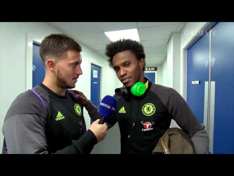 Video: Eden Hazard 'interviews' goalscorers Willian and Diego Costa after Chelsea's 2-0 win over Hull City