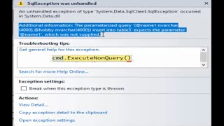 Download the video "Visual Basic .Net Solve error expects the parameter which was not supplied in SQL server  Database ."