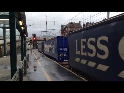 Class 92 hauling mixed freight out of Carlisle Station