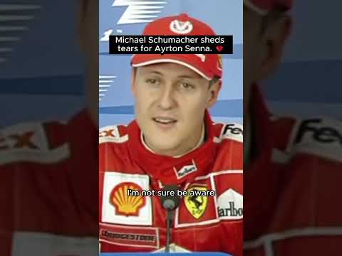 Michael Schumacher sheds tears for Ayrton Senna in a press conference.