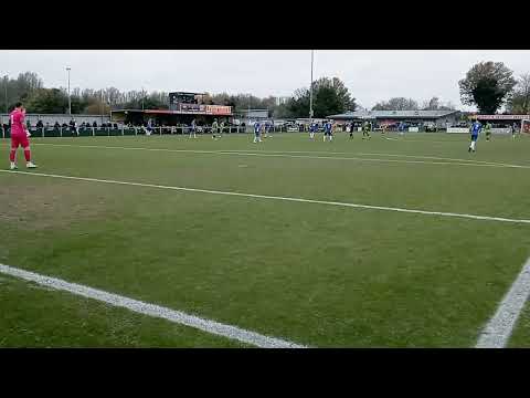 Runcorn Linnets vs Chasetown 02/11/2024. Will Saxon runs onto a long ball, can't quite reach it.