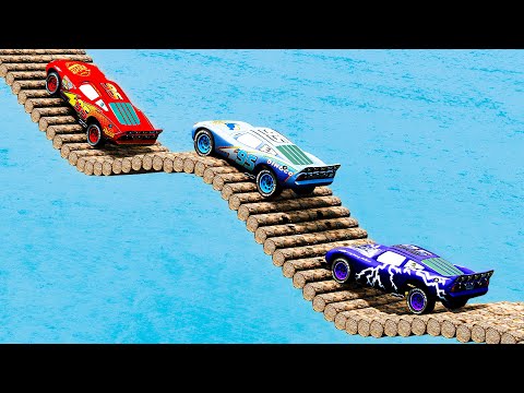 All Lightning Mcqueen vs Impossible Log Wave Bridge Crossing Cars Vs Deep Water - BeamNG.Drive